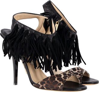 Jimmy Choo London Womens Leather Leopard-Print Fringe Sandal (Authentic Pre-Loved)