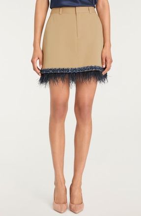 Cinq &agrave; Sept Marie Sequin & Feather Trim Miniskirt in Khaki/Navy at Nordstrom, Size 6