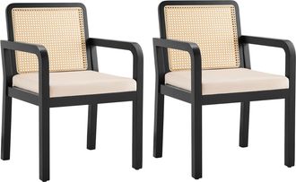 STILVORA Silla De Comedor Ergon&oacute;mica Con Respaldo De Rat&aacute;n Pe Y Patas Ajustables De Madera De Caucho Negro 56 &times; 57 &times; 83 Cm