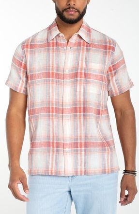 Liverpool L.A. Short Sleeve Cotton & Linen Button-Up Shirt in Coral Multi at Nordstrom, Size X-Large