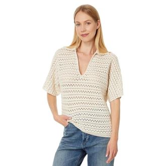 Faherty Nusa Crochet Top Womens Beige Knitted Short Sleeve Pullover FROG807