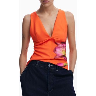 Desigual Floral Deep V-Neck Tank in Orange at Nordstrom, Size X-Small