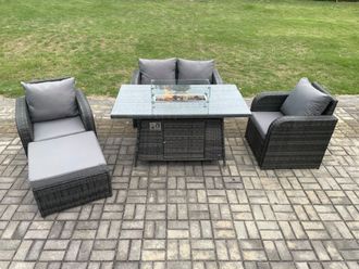 Fimous Rattan Outdoor Garden Furniture Set Gas Fire Pit Dining Table with Chair Loveseat Sofa Footstool in Dark Grey