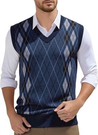 Generic Mens Diamond Pattern Sleeveless Sweaters - V Neck Sleeveless Jumpers Men Fall Winter Comfortable Knitted Gilets Business Loose Fit Slipover