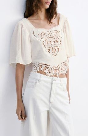 Mango Embroidered Openwork Cropped Top in Off White at Nordstrom, Size 8