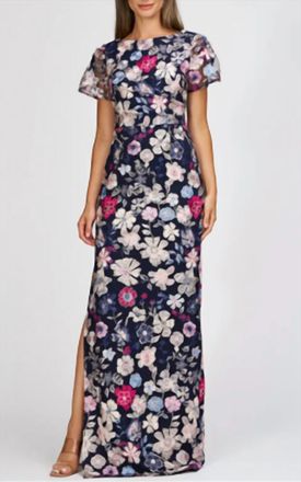 JS Collections Magnolia Pleat-Sleeve Gown In Navy Multi