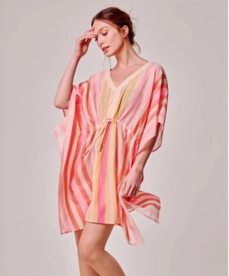 Echo Cabana Stripe Caftan Mini Dress In Beach Pink