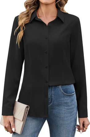 Zeagoo Womens Shirts Long Sleeve Button Down Shirt Regular Fitted Stretch Shirts Plain Business Shirt Stain Shield Office Work Blouse Black XXL