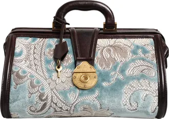 Dolce & Gabbana Blue Brown Leather Floral Jacquard Travel HandMens Mens Bag (Pre-Owned)