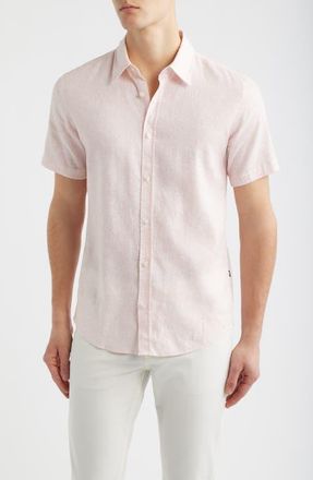 BOSS Roan Short Sleeve Stretch Linen Button-Up Shirt in Light/Pastel Pink at Nordstrom, Size Xx-Large