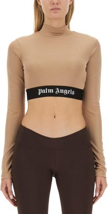 Palm Angels Beige Logo Mock Collar T-Shirt