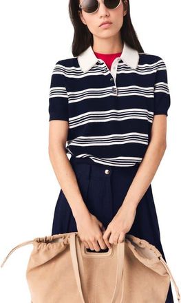 Maje Striped polo with rhinestone collar in Ecru/navy Blue at Nordstrom, Size X-Small