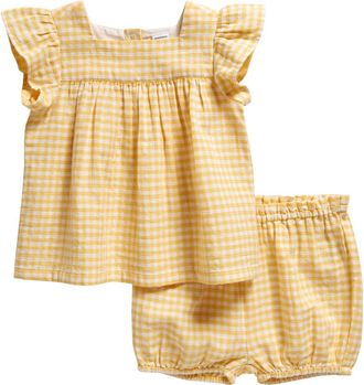 Nordstrom Cotton Gingham Top & Bloomers in Yellow Silk Gingham at Nordstrom, Size 24M