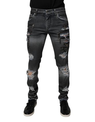 Dolce & Gabbana Mens Dark Gray Tattered Cotton Skinny Denim Jeans Clothing