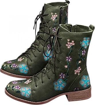 Generic Combat Boots for Women,2025 Boho Retro Casual Round Toe Casual Mid Calf Short Boots with Side Zip Winter Vintage Flower Design Embroidered Lace Up Lea