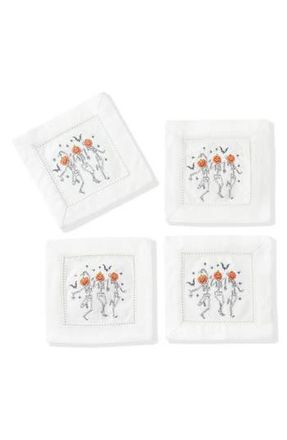 Tiramisu Skeleton Crew Embroidered Linen Cocktail Napkins in White/Orange at Nordstrom Rack