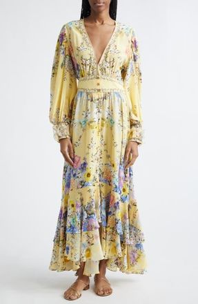 Camilla Darling Buds Floral Long Sleeve Silk Button Front Dress at Nordstrom, Size X-Small