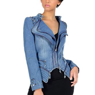 Dissa Women Blue Zip Up Denim Biker Jacket Studded Jacket,PA01,4XL