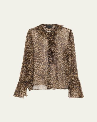 Nili Lotan Cecily Metallic Leopard-Print Silk Ruffle Shirt