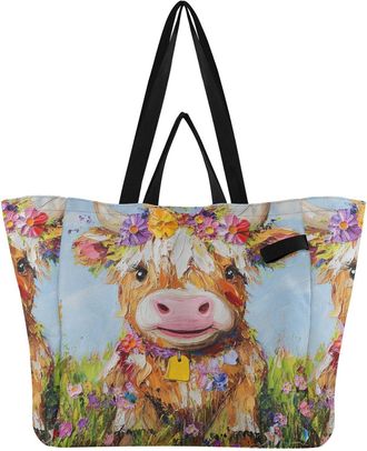 Generic Floral Cow Colorful pattern Reusable Canvas Tote Bag, Heavy Duty Grocery Shopping Bag with Double Handles Hard Bottom Large Capacity Work Groceries Tr