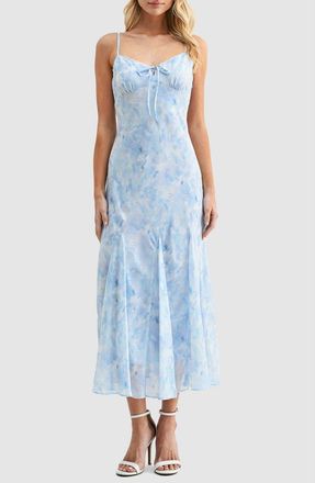 Lush Floral V-Neck Tie Midi Dress in Blue Floral at Nordstrom Rack, Size X-Large