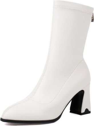 Generic Womens Mid-Calf Ankle Boots Faux Leather Elastic Cuff Pointed Toe Chunky Block Heels Side Zip Design Stylish Footwear For Evening Dinners Casual,White