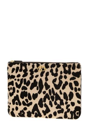 Valentino Garavani Womens Printed Calf Hair Vlogo Signature Pouch Naturaletestadimorooakbrown Leather - Bos Taurus Beauty Case