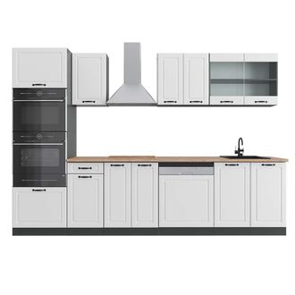 Vicco Mueble De Cocina R-line, Casa De Campo Blanca/antracita, 300 Cm Con Armario Alto, Et Roble