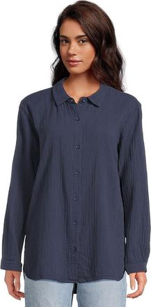 Mod-o-doc Long Sleeve Button-Up Shirt Womens Clothing Vibrant Navy : LG (US 12-14), Cotton