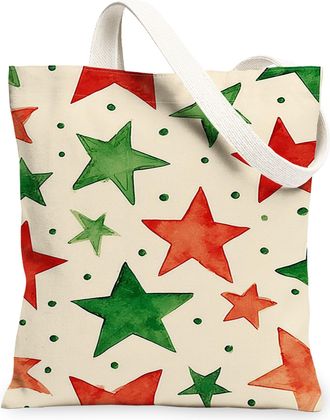 Generic Festive Stars Canvas Tote Bags, Holiday Star Pattern Reusable Grocery Bags, Vintage Lightweight Washable Shoulder Strap Can, Red and Green, 13x15 Inch