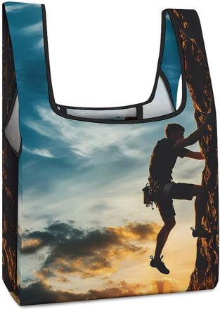 Generic Man Climbing on Rock Mountain Sunset Shopping Bag Reusable Grocery Tote Bag Foldable Handbag for Travel Picnic