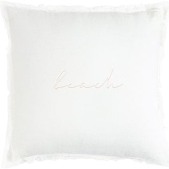 Anaya with Love Beach Script Embroidered White Linen Fringe Pillow with Down Insert at Nordstrom, Size 20X20
