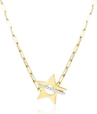 House of Brilliance 18K Yellow Gold Plated Sterling Silver Diamond Accent Star Pendant Necklace with Paperclip Chain