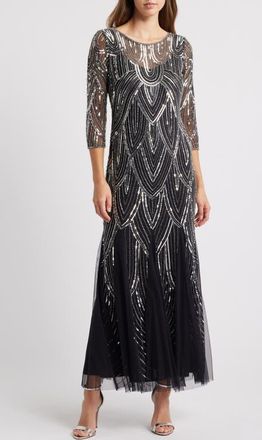 Pisarro Nights Beaded Illusion Neck Gown in Black/Silver at Nordstrom, Size 16