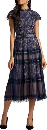 Tadashi Shoji Lace Fit & Flare Cocktail Midi Dress in Royal Navy/nude at Nordstrom, Size 16