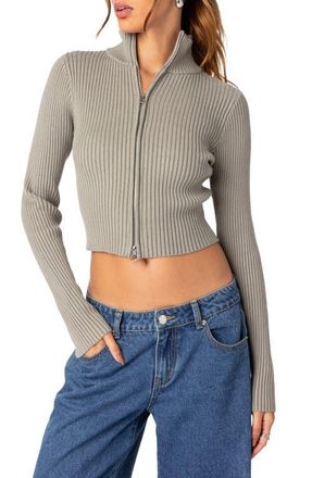 Edikted Crop Front Zip Rib Cardigan in Sage at Nordstrom, Size X-Small