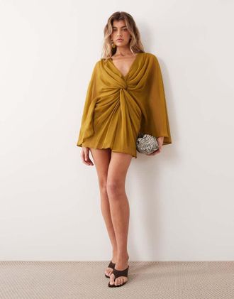 Asos vestito corto con maniche lunghe e davanti intrecciato con schiena scoperta in ocra-Giallo