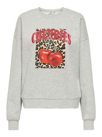 Only Sweatshirt ONLY ONLJOLANA L/S O-NECK BERRY PRINT CS SWT, Damen, Gr. S, grau (light grau melange print:cherries, leo aop), Sweatware, Obermaterial: 60%