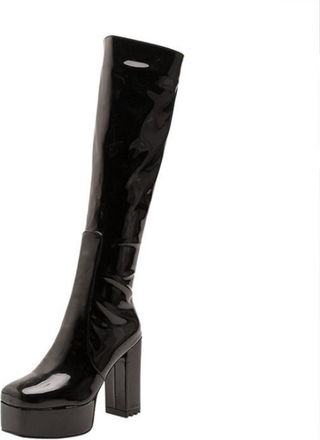 Generic Womens Square Toe Long Boots with Side Zipper Patent Leather Knee High Boots Chunky High Heel Platform Boot,Black,2.5 UK