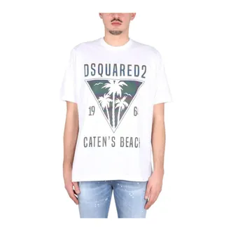 Dsquared2 T-Shirts, male, White, Size: M Graphic T-Shirt with Tropical Palm Tree Design