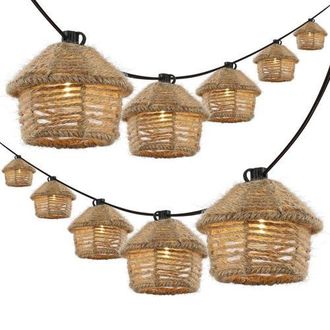 Jonathan Y Designs Maui 10-Light Indoor/Outdoor Mid-Century Vintage Incandescent G40 Tiki Hut Hemp Rope Shaded String Lights in Brown at Nordstrom