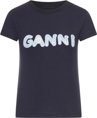 Ganni Tops, Dames, Grijs, S, Katoen, T-shirt met logo