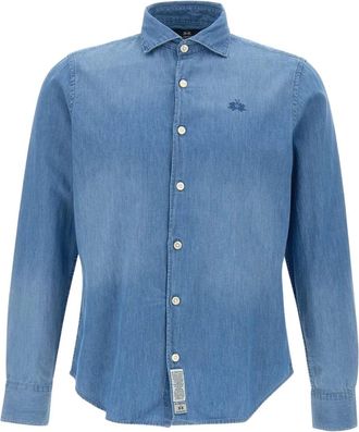 La Martina T-shirt denim con logo ricamato - Blu