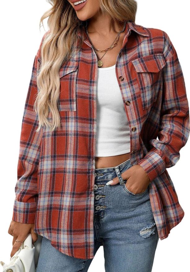 Ladies Checked Shirts Womens Classic Long Sleeve Red Pink Plaid Shirt Blouse Blue V Neck Black White Button Down Ladies Checked Shirt with Pocket Cott