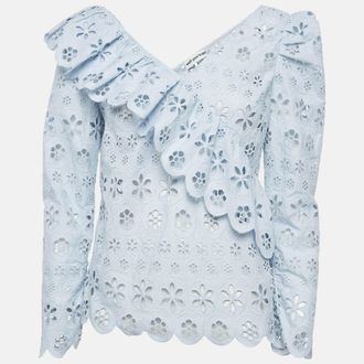 Self Portrait Blue Schiffli Lace Ruffled Broderie Anglaise Top