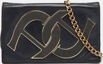 Aigner Black Leather Logo Flap Chain Shoulder Bag