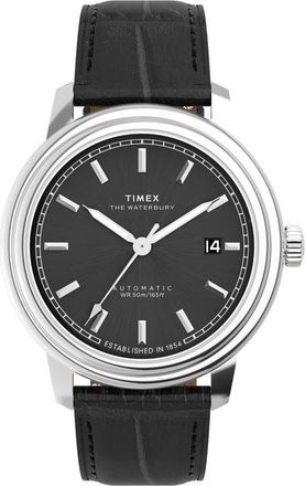 Timex Waterbury Metropolitan Automatic Leather Strap Watch, 41mm in Black at Nordstrom
