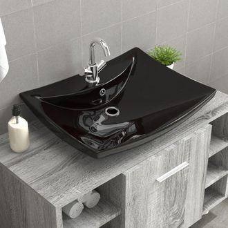Berkfield Home Black Luxury Ceramic Basin Rectangular with Overflow & Faucet Hole