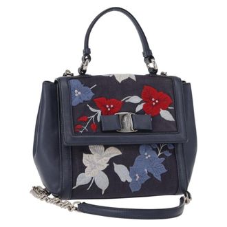 Ferragamo Vala Handbag Leather Navy Denim_Jeans Handbag (Pre-Owned)