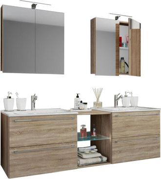 VCM Vcm 3 Pcs Set 2 Lavabo, 2 Gabinete Espejo, 2 Lavabo, 1 Compartimento Medio Lavabo Cer&aacute;mico Gabinete Inferior 195 Cm Conjunto De Muebles De Ba&ntilde;o Doble 